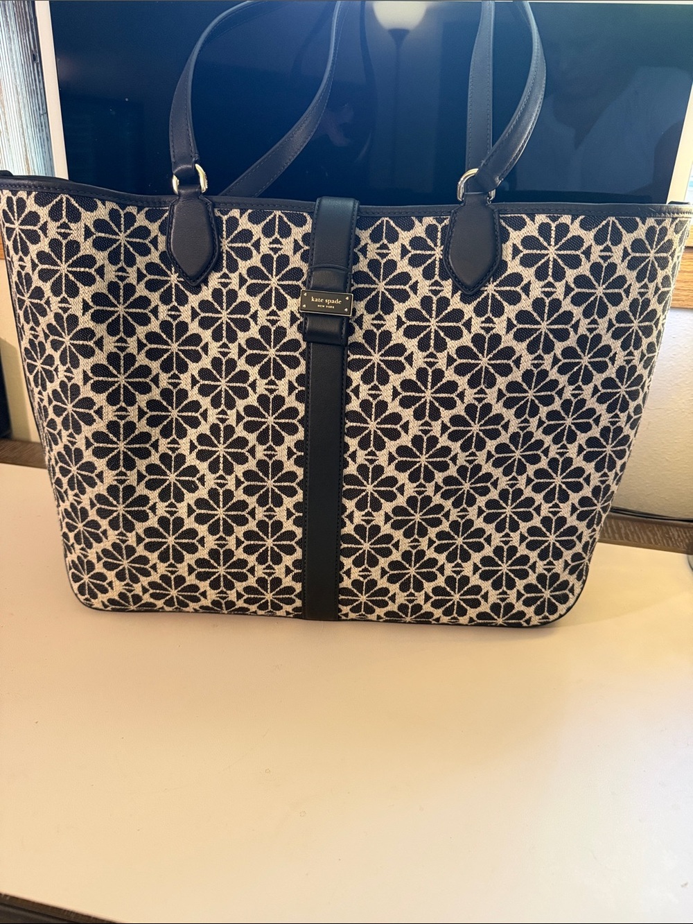 kate spade Black & Cream Floral Jacquard Shoulder Tote with Center Strap